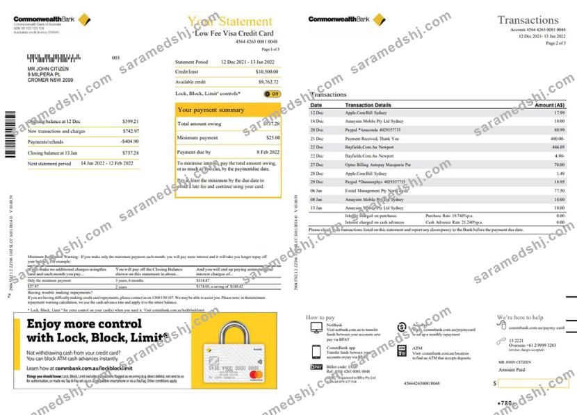 Australia Commonwealth bank statement, Word and PDF template, 3 pages
